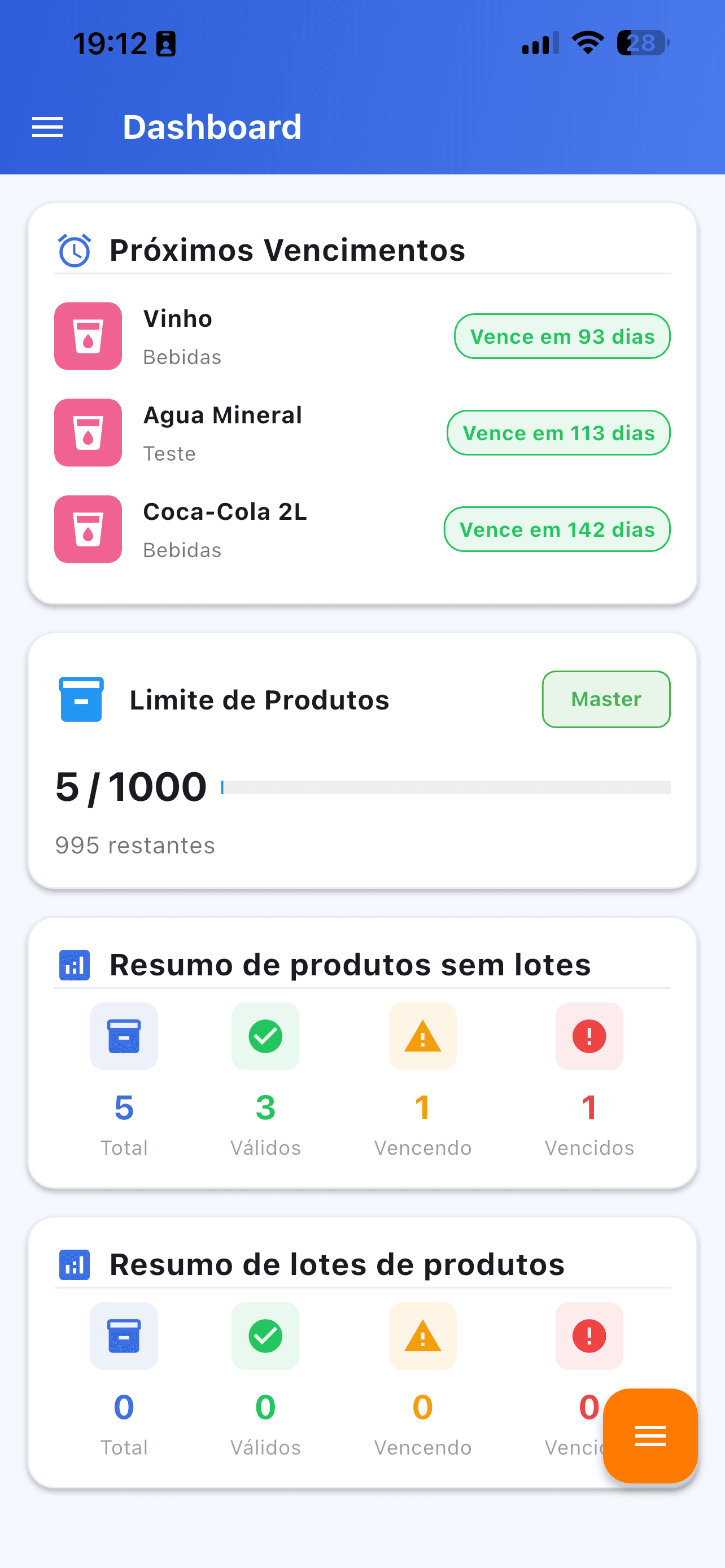 Dashboard com resumo de vencimentos e próximos itens a vencer