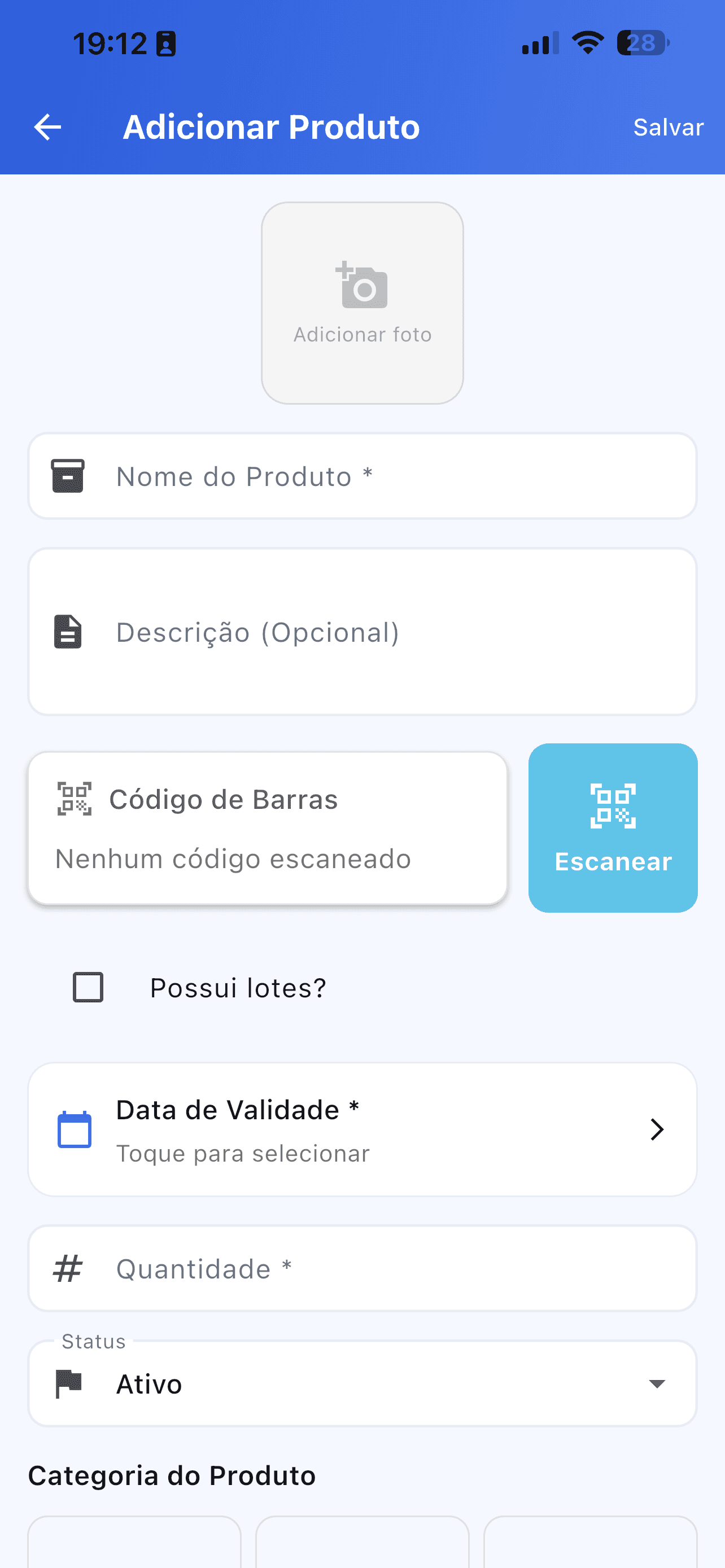 Formulário para adicionar produto com data de validade e código de barras