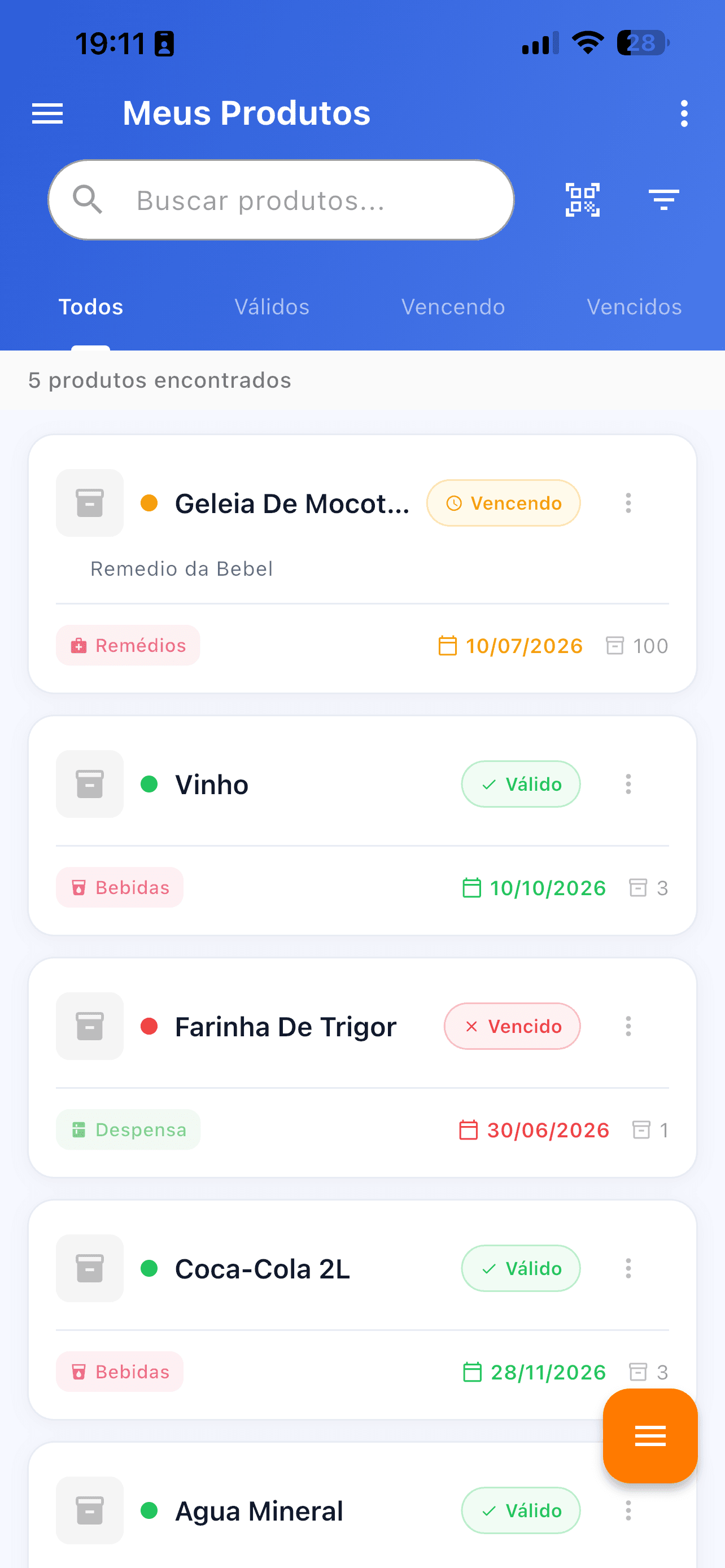 Lista de produtos com status Válido, Vencendo e Vencido